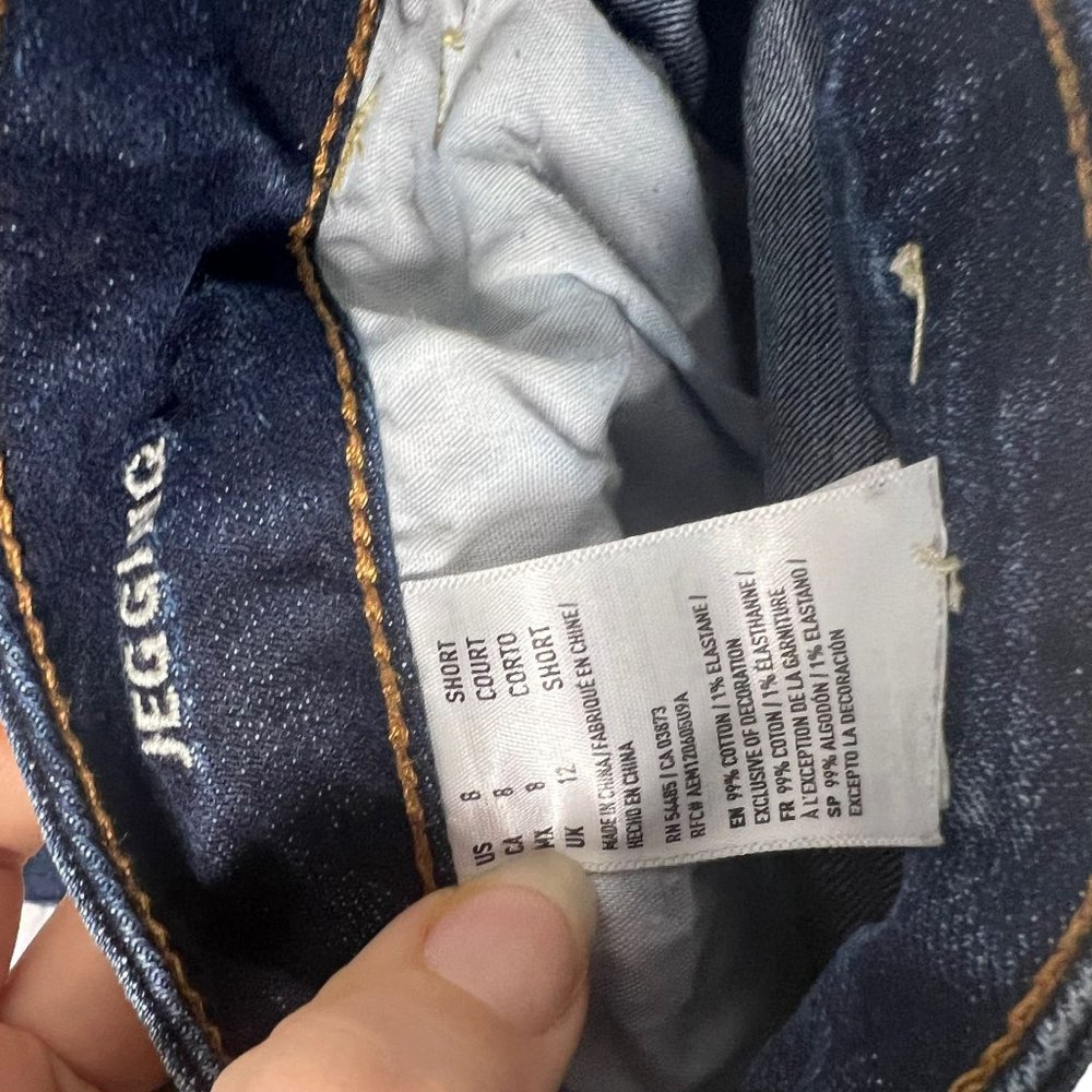 American Eagle Dark Wash Distressed Mid Rise Jegging Super Stretch Cut Off Short - Picture 3 of 7